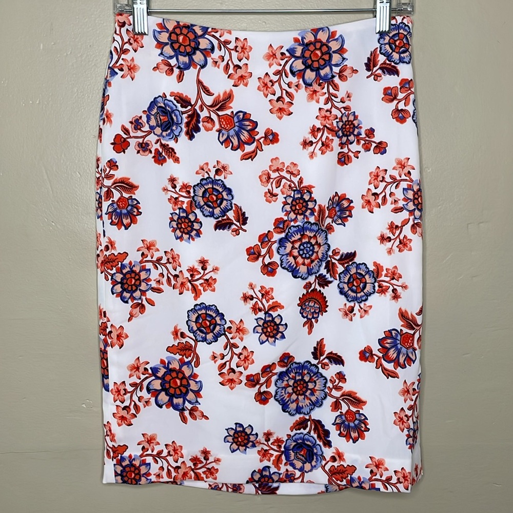 ANN TALOR Factory Pencil Skirt Floral Blue & Orange Side Slit MIDI 2P